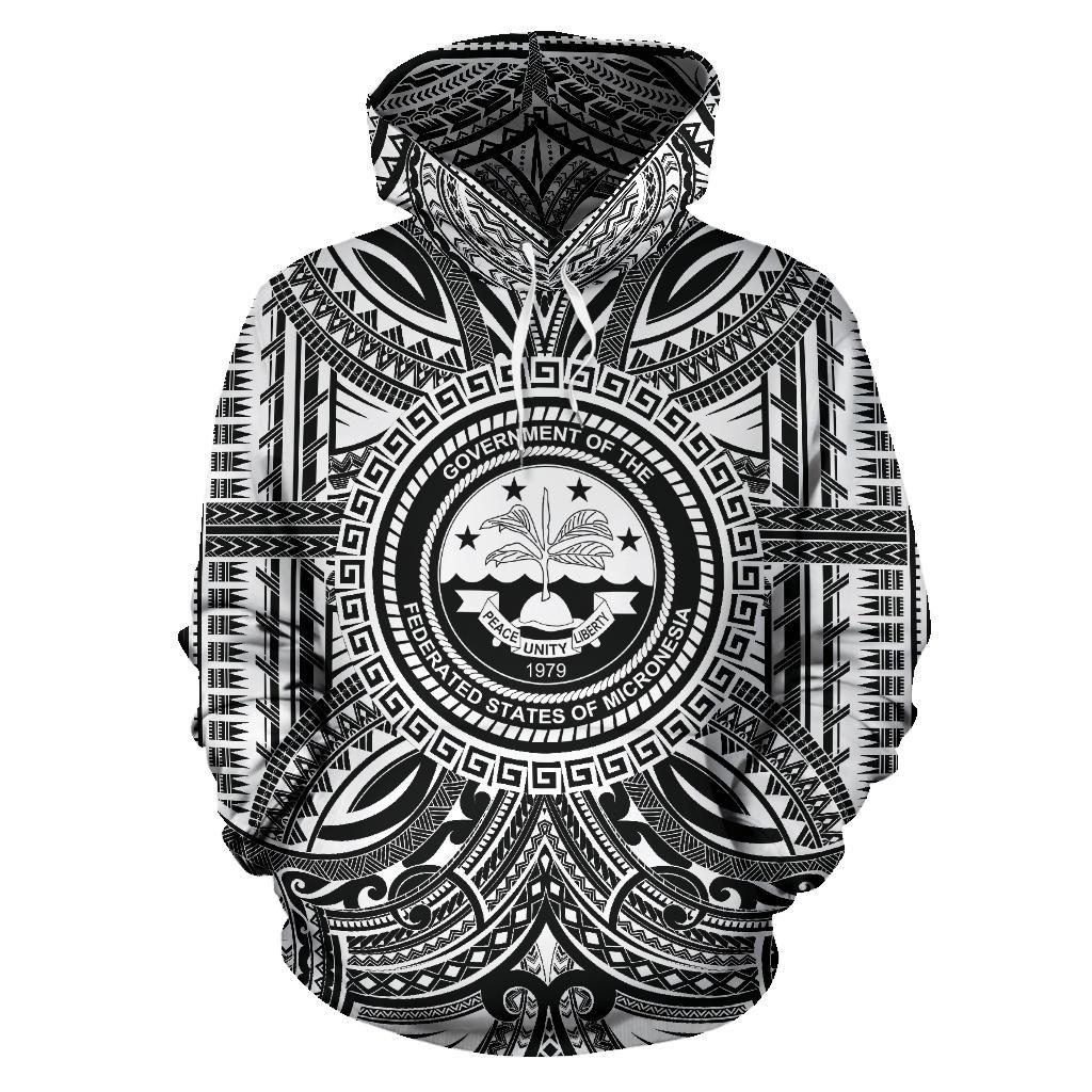 Federated States of Micronesia ll Over Hoodie Federated States of Micronesia Coat of rms Polynesian White Black Unisex Black - Polynesian Pride