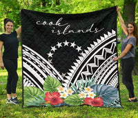 Cook Islands Premium Quilt - Cook Islands Coat of Arms & Polynesian Tropical Flowers White - Polynesian Pride