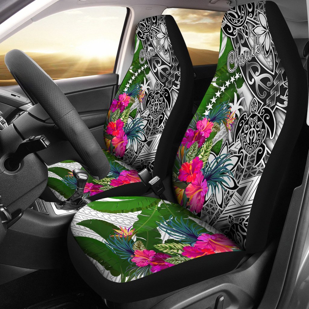 Chuuk Car Seat Covers White - Turtle Plumeria Banana Leaf Universal Fit White - Polynesian Pride