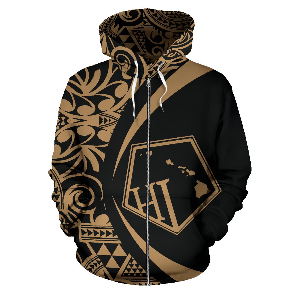 Hawaii Polynesian Zip up Hoodie Tribal Golden Color 2.0 Circle Style - Polynesian Pride