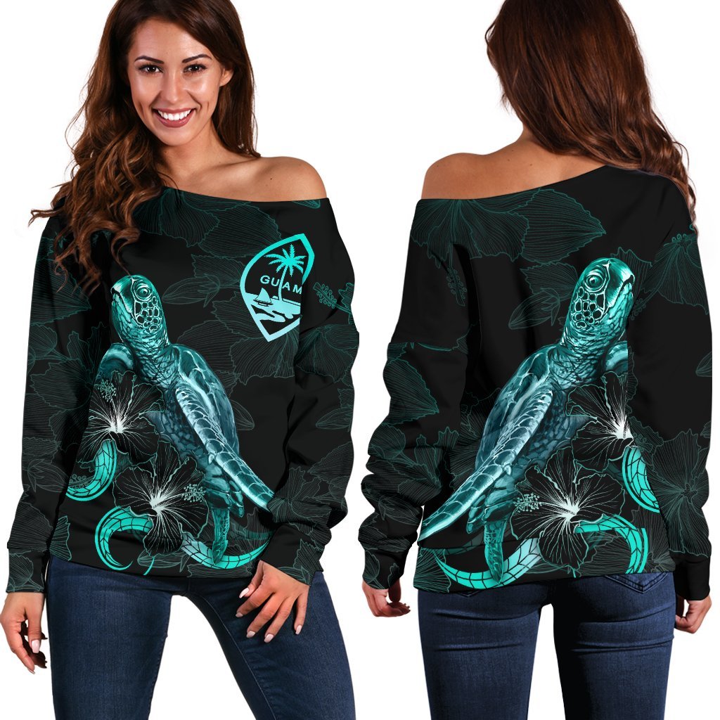 Guam Polynesian Women's Off Shoulder Sweater - Turtle With Blooming Hibiscus Turquoise Turquoise - Polynesian Pride