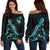 Guam Polynesian Women's Off Shoulder Sweater - Turtle With Blooming Hibiscus Turquoise Turquoise - Polynesian Pride