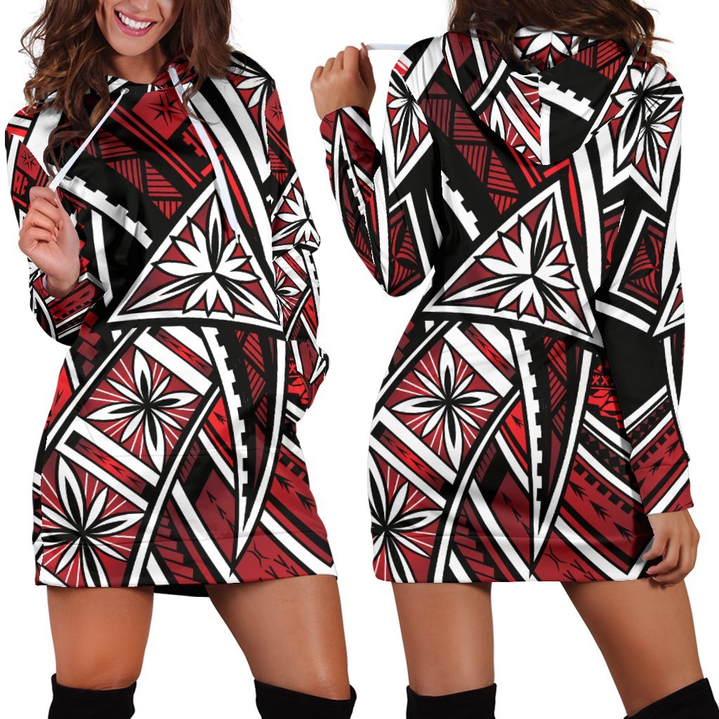 Tahiti Women's Hoodie Dress - Tribal Flower Special Pattern Red Color Red - Polynesian Pride