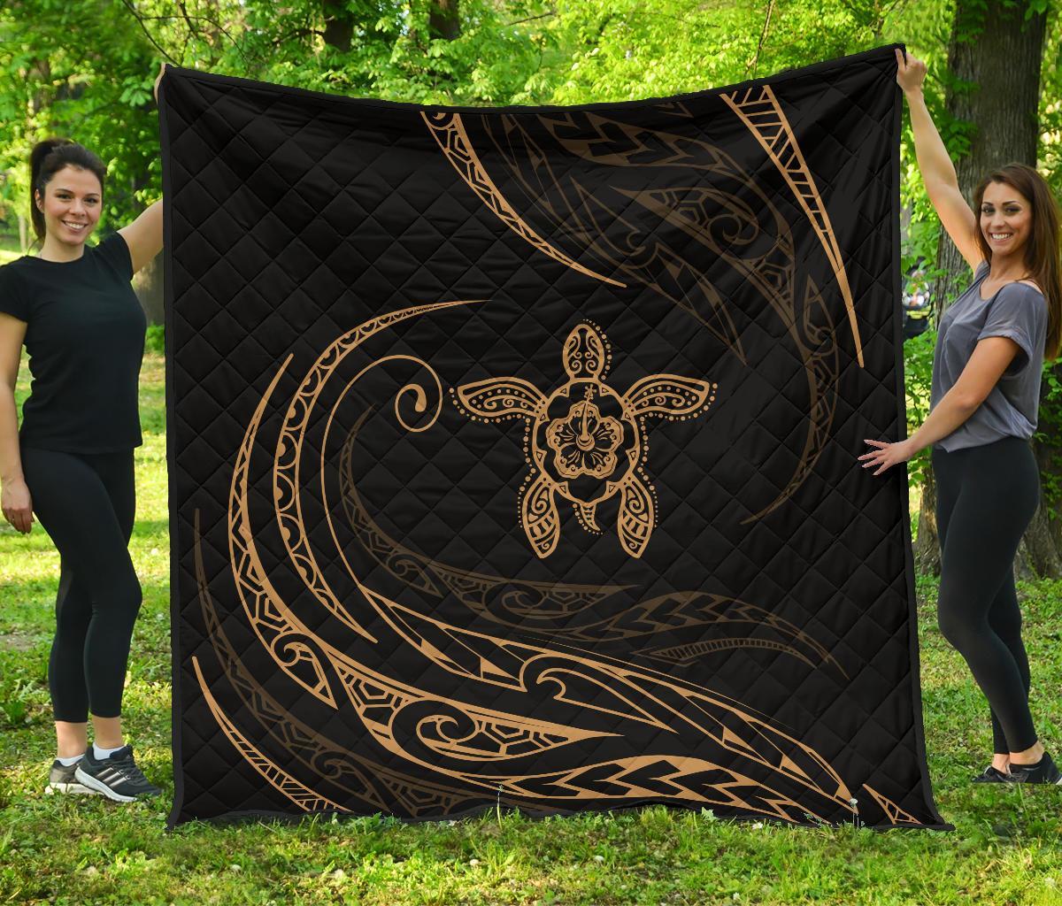 Hawaii Turtle Hibicus Premium Quilt - Frida Style - Gold Gold - Polynesian Pride