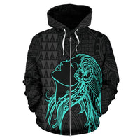 Polynesian Kakau Hula Girl Turtle Hibiscus Hawaii Zip Hoodie Turquoise - Polynesian Pride