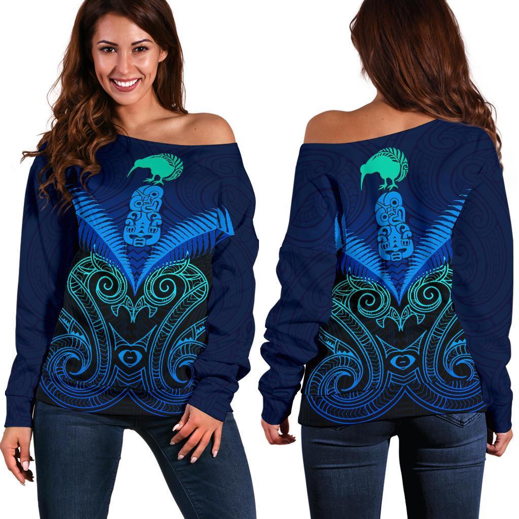 Maori Manaia New Zealand Off Shoulder Sweater Blue Blue - Polynesian Pride