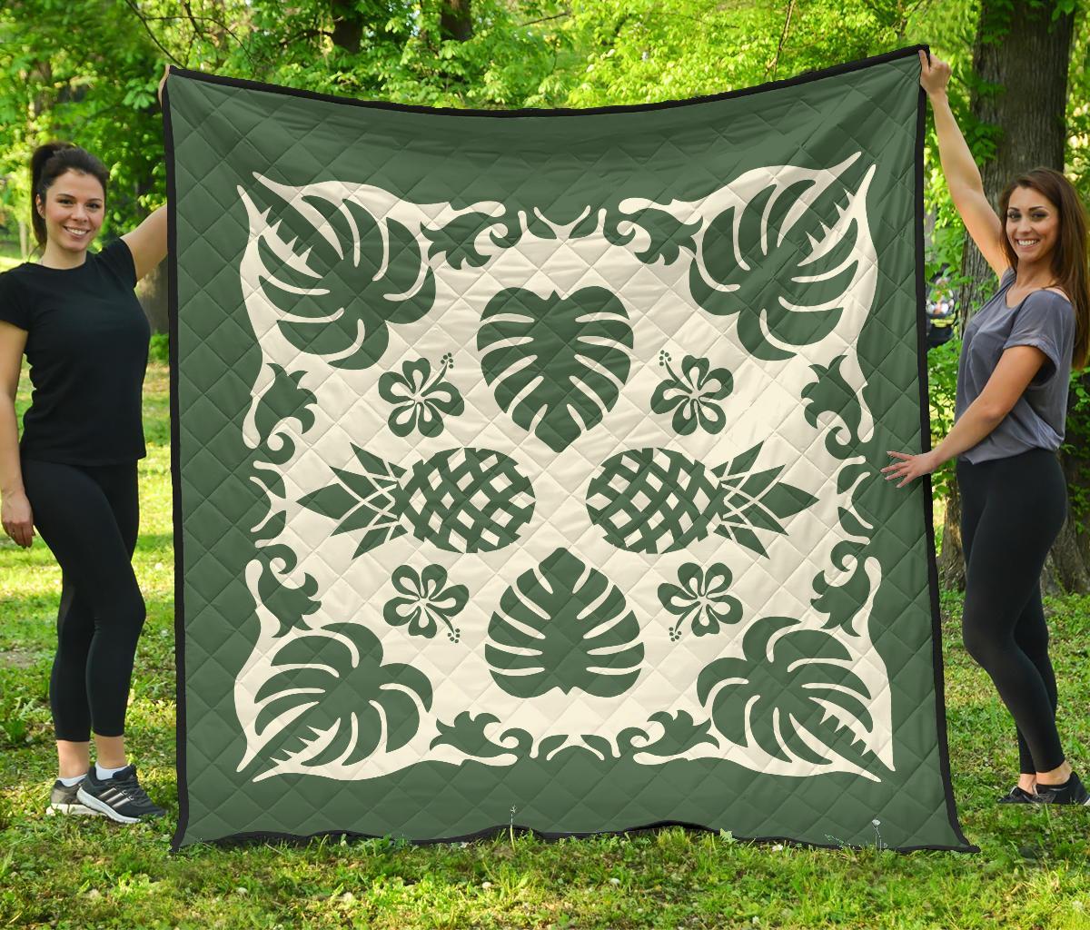 Hawaiian Kalo Coconut Pattern Premium Quilt - Green - Argu Style - AH Green - Polynesian Pride