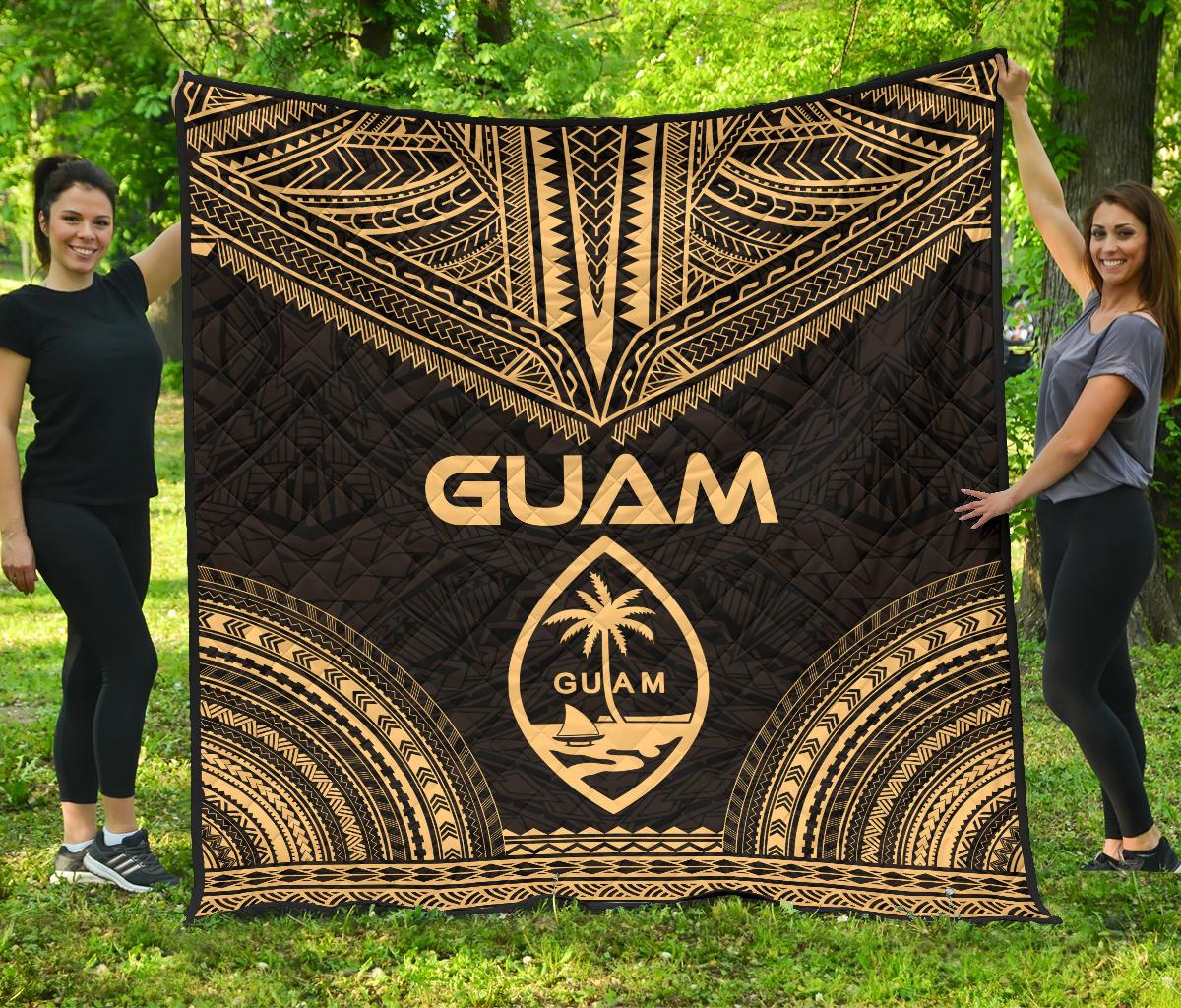 Guam Premium Quilt - Guam Coat Of Arms Polynesian Chief Gold Version Gold - Polynesian Pride