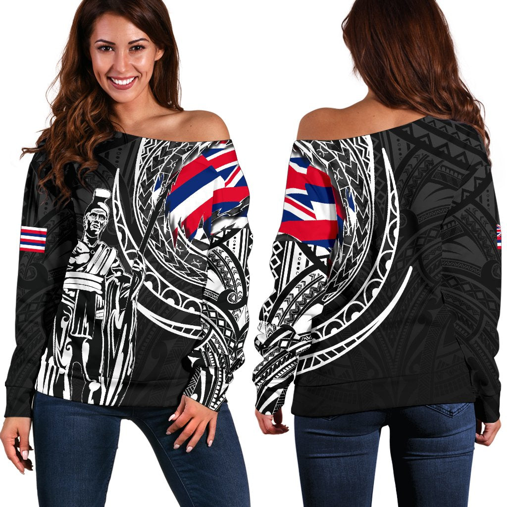 Hawaii King Flag Polynesian Women's Off Shoulder Sweater - Tity Style Black - Polynesian Pride