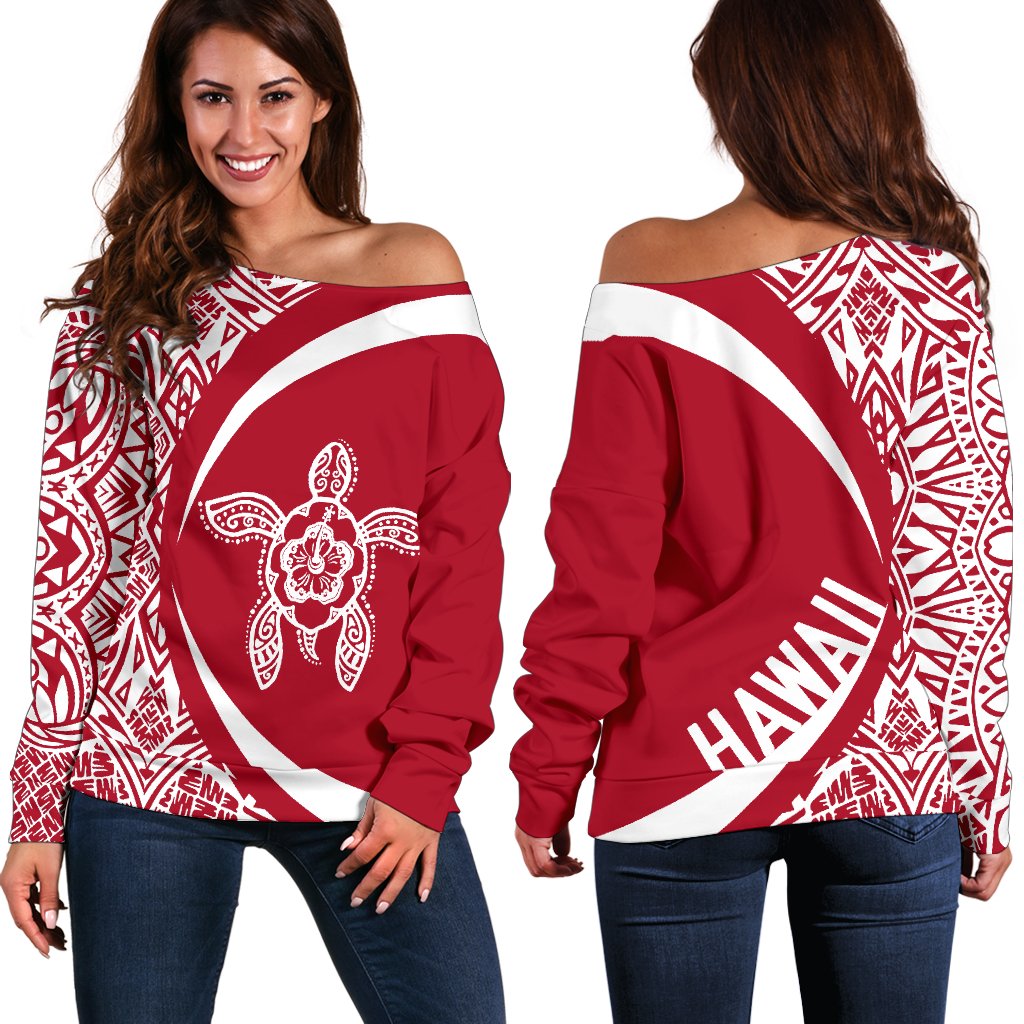 Hawaii Turtle Polynesian Women's Off Shoulder Sweater - Circle Style - AH - Red White - Polynesian Pride