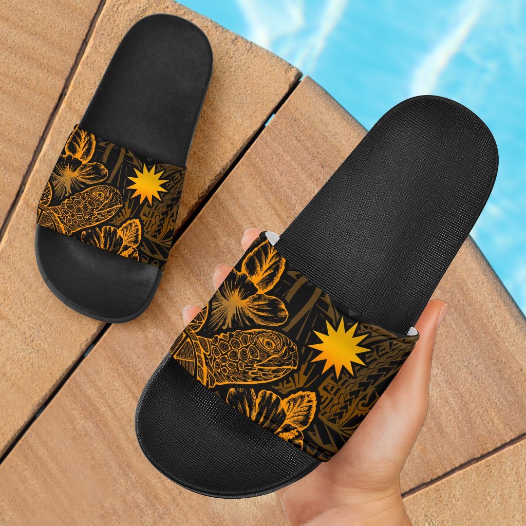 Nauru Slide Sandals - Turtle Hibiscus Pattern Gold Black - Polynesian Pride