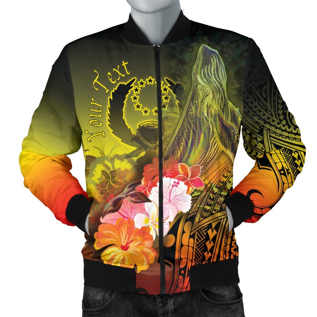 Pohnpei Custom Personalised Men's Bomber Jacket - Humpback Whale with Tropical Flowers (Yellow) Yellow - Polynesian Pride