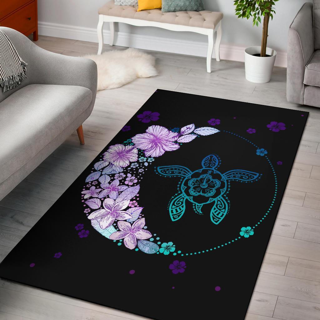 Hawaiian Hibiscus Plumeria Turtle Colorful Flower Rug Black - Polynesian Pride