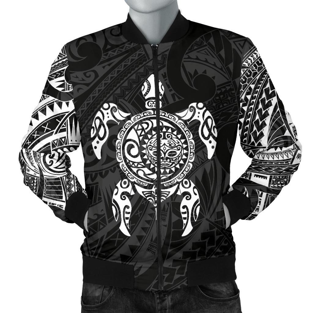 New Zealand Men Bomber Jacket, Maori Turtle Tattoo - White Black - Polynesian Pride