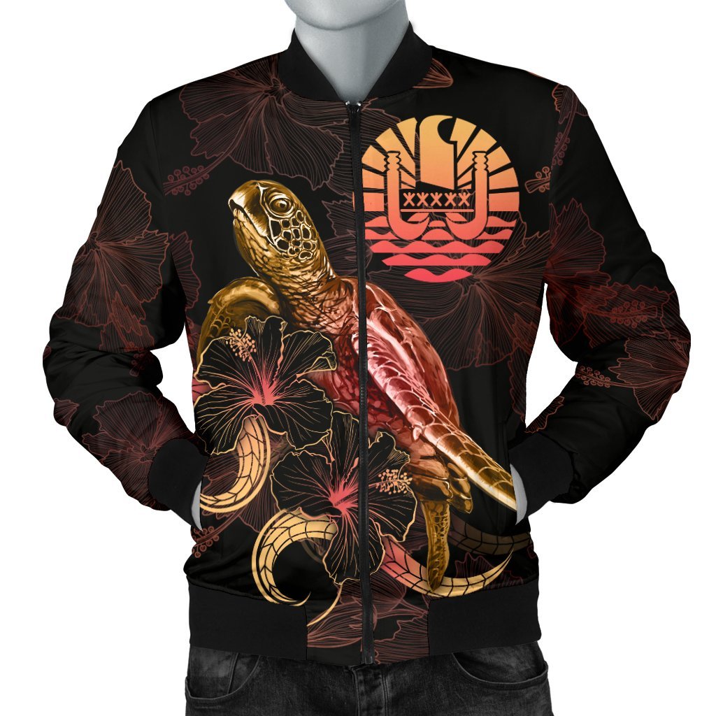 Tahiti Polynesian Men's Bomber Jacket - Turtle With Blooming Hibiscus Gold Gold - Polynesian Pride