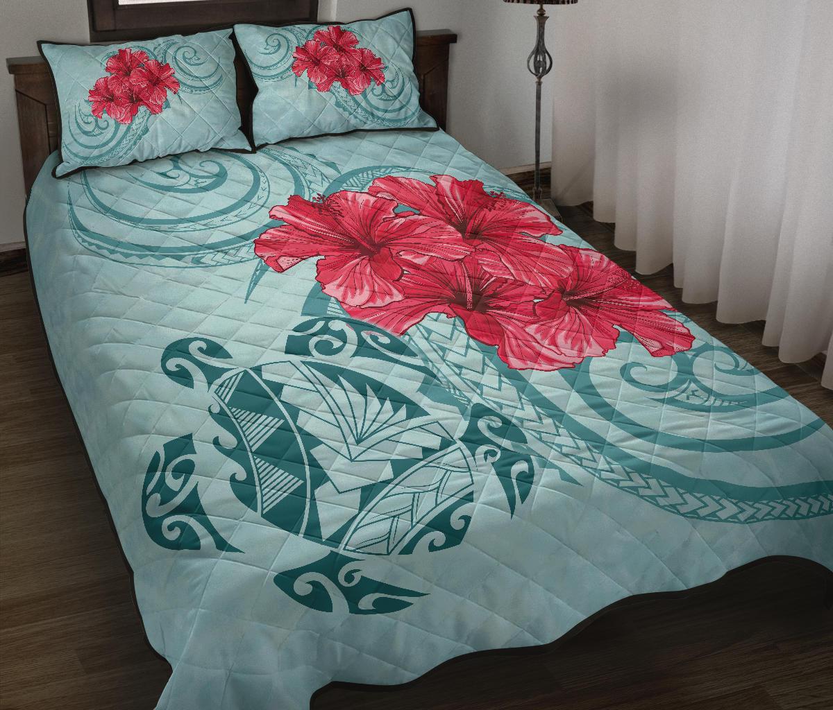 Hawaii Polynesian Turtle Hibiscus Blue Quilt Bed Set - Bless Style - Polynesian Pride