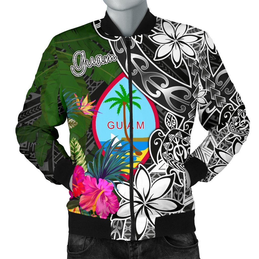 Guam Men Bomber Jacket - Turtle Plumeria Banana Leaf Black - Polynesian Pride