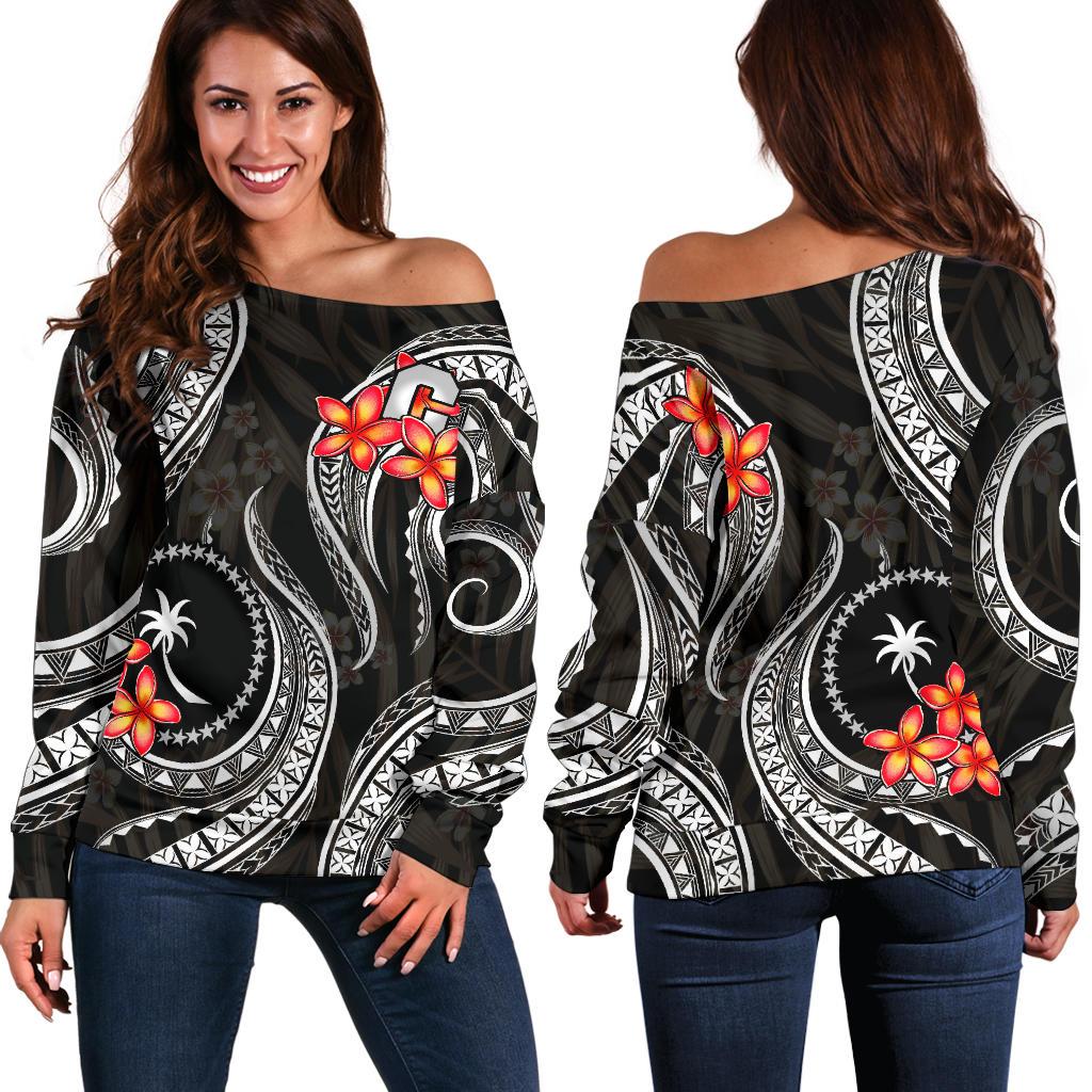 Chuuk Micronesian Women Off Shoulder Sweater - Black Plumeria BLACK - Polynesian Pride