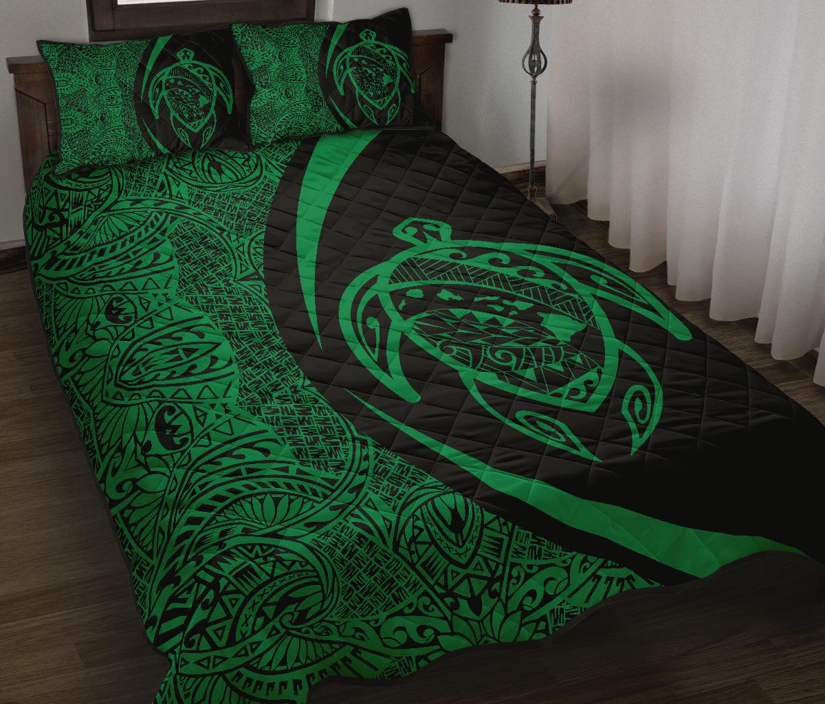 Hawaii Turtle Map Polynesian Quilt Bed Set - Green - Circle Style - Polynesian Pride
