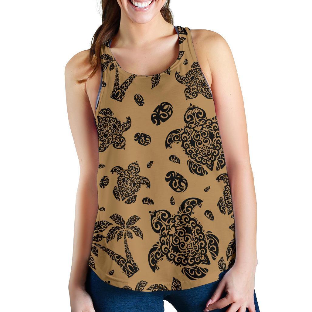 Polynesian Turtle Palm And Sea Pebbles Gold Women's Racerback Tank Top Gold - Polynesian Pride