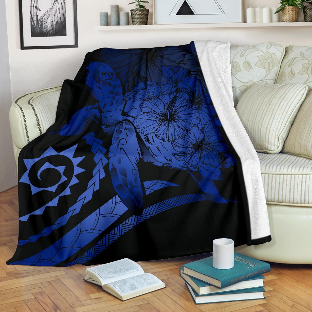Hawaii Turtle Hibiscus Polynesian Vintage Premium Blanket - Blue White - Polynesian Pride