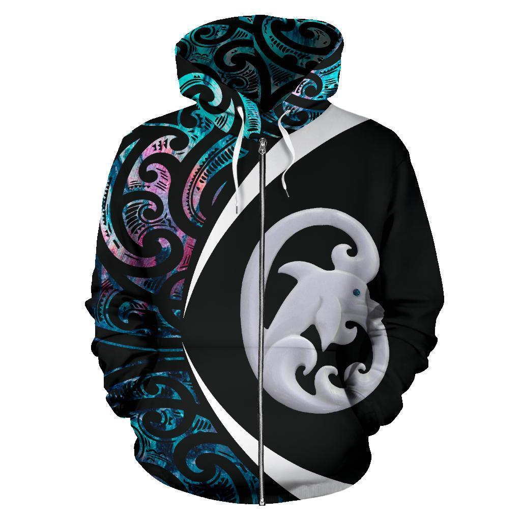 Aotearoa Maori Dolphin Zip Hoodie, Koru Aihe Paua Shell Full Zip Hoodie Unisex Black - Polynesian Pride