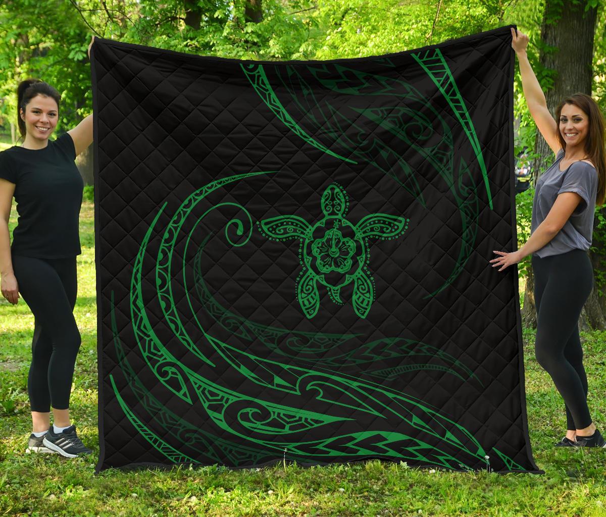 Hawaii Turtle Hibicus Premium Quilt - Frida Style - Green Green - Polynesian Pride
