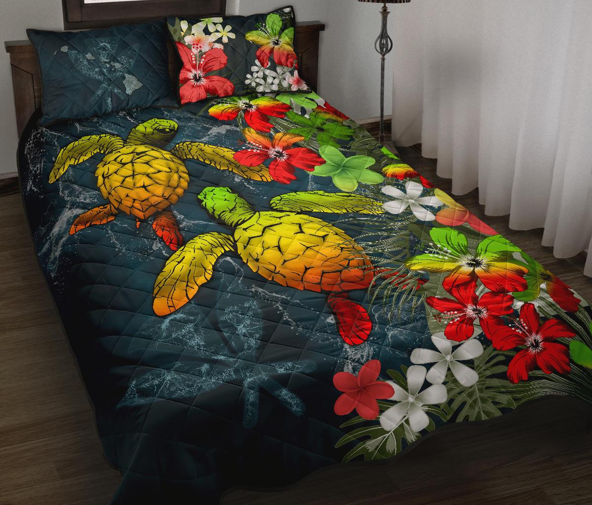 Kanaka Maoli (Hawaiian) Quilt Bed Set - Sea Turtle Tropical Hibiscus And Plumeria Reggae - Polynesian Pride
