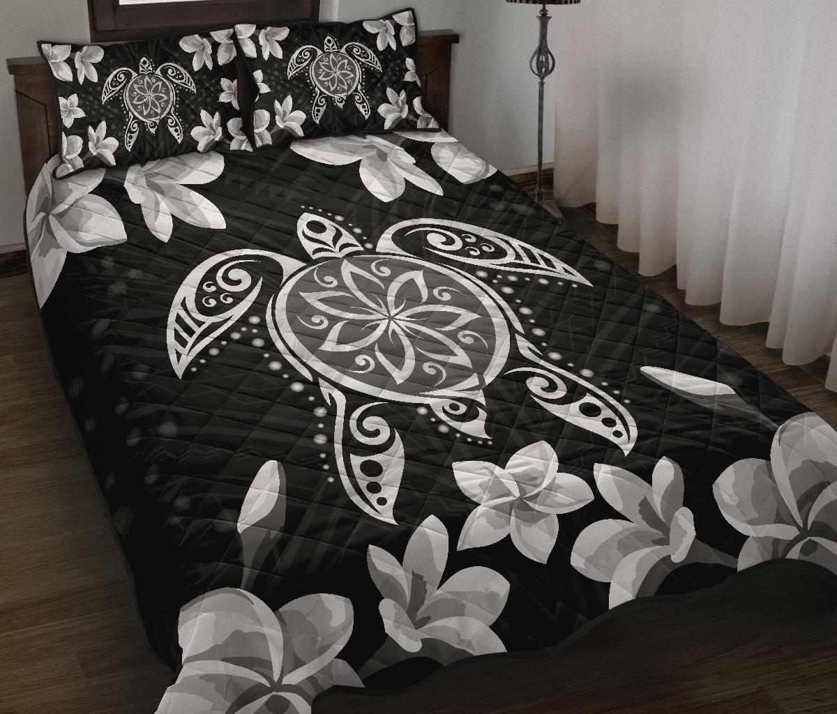 Hawaiian Silver Turtle Plumeria Quilt Bed Set - Polynesian Pride