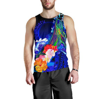 Vanuatu Men's Tank Top - Humpback Whale with Tropical Flowers (Blue) - Polynesian Pride