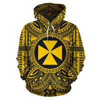 Wallis nd Futuna ll Over Hoodie Wallis nd Futuna Coat of rms Polynesian Gold Black Unisex Gold - Polynesian Pride