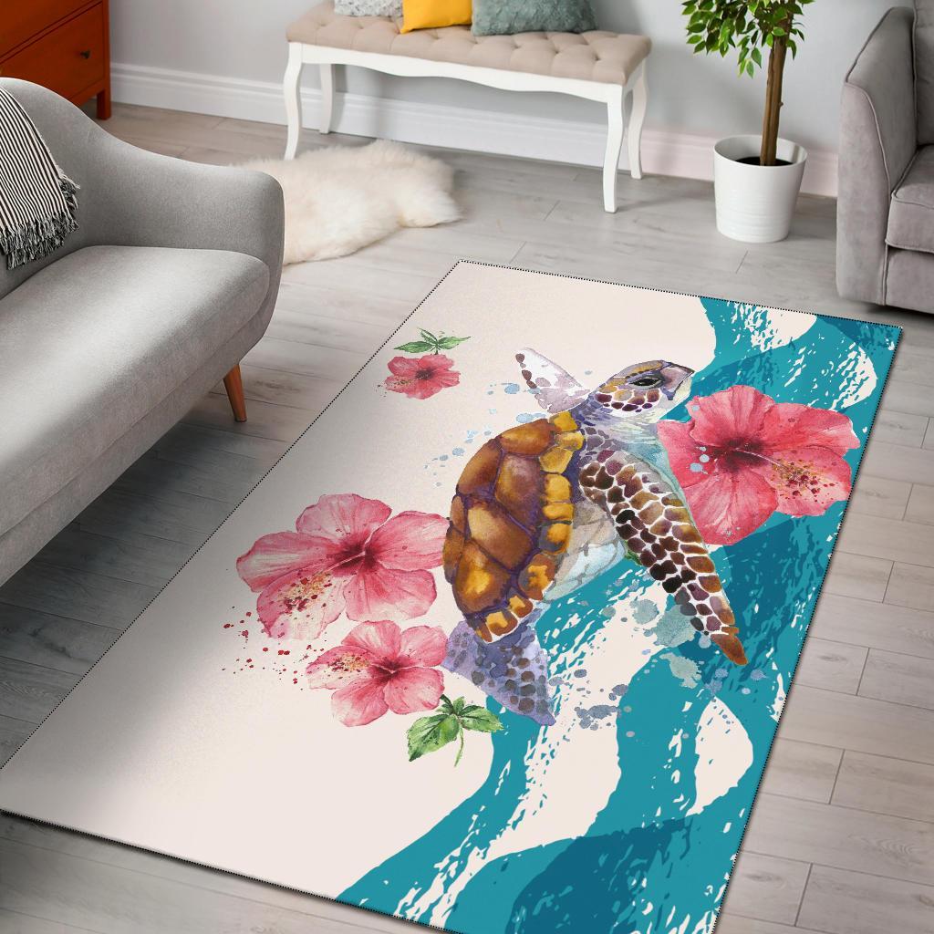 Turtle Hibiscus On Wale Area Rug AH A0 Black - Polynesian Pride