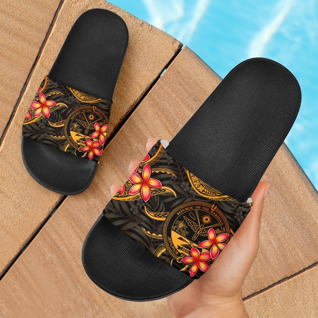 Marshall Islands Coat of Arm Slide Sandals - Gold Plumeria Black - Polynesian Pride