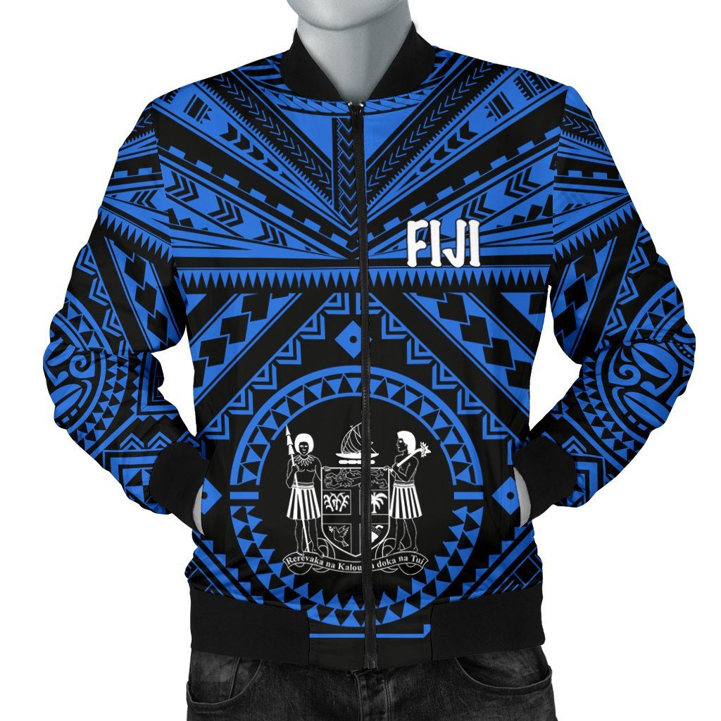 Fiji Men's Bomber Jacket - Fiji Seal With Polynesian Tattoo Style (Blue) Blue - Polynesian Pride