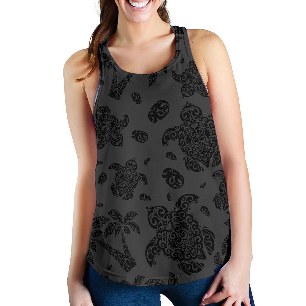 Polynesian Turtle Palm And Sea Pebbles Gray Women's Racerback Tank Top Gray - Polynesian Pride