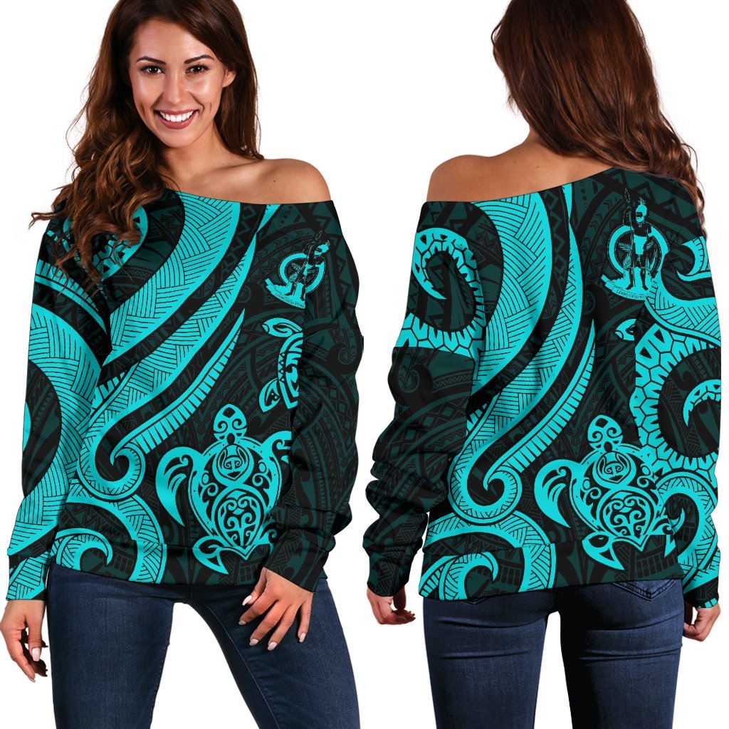 Vanuatu Women's Off Shoulder Sweater - Turquoise Tentacle Turtle Turquoise - Polynesian Pride