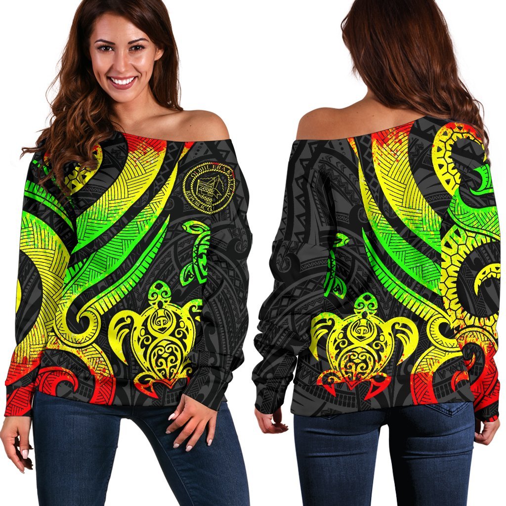 Palau Women's Off Shoulder Sweater - Reggae Tentacle Turtle Art - Polynesian Pride