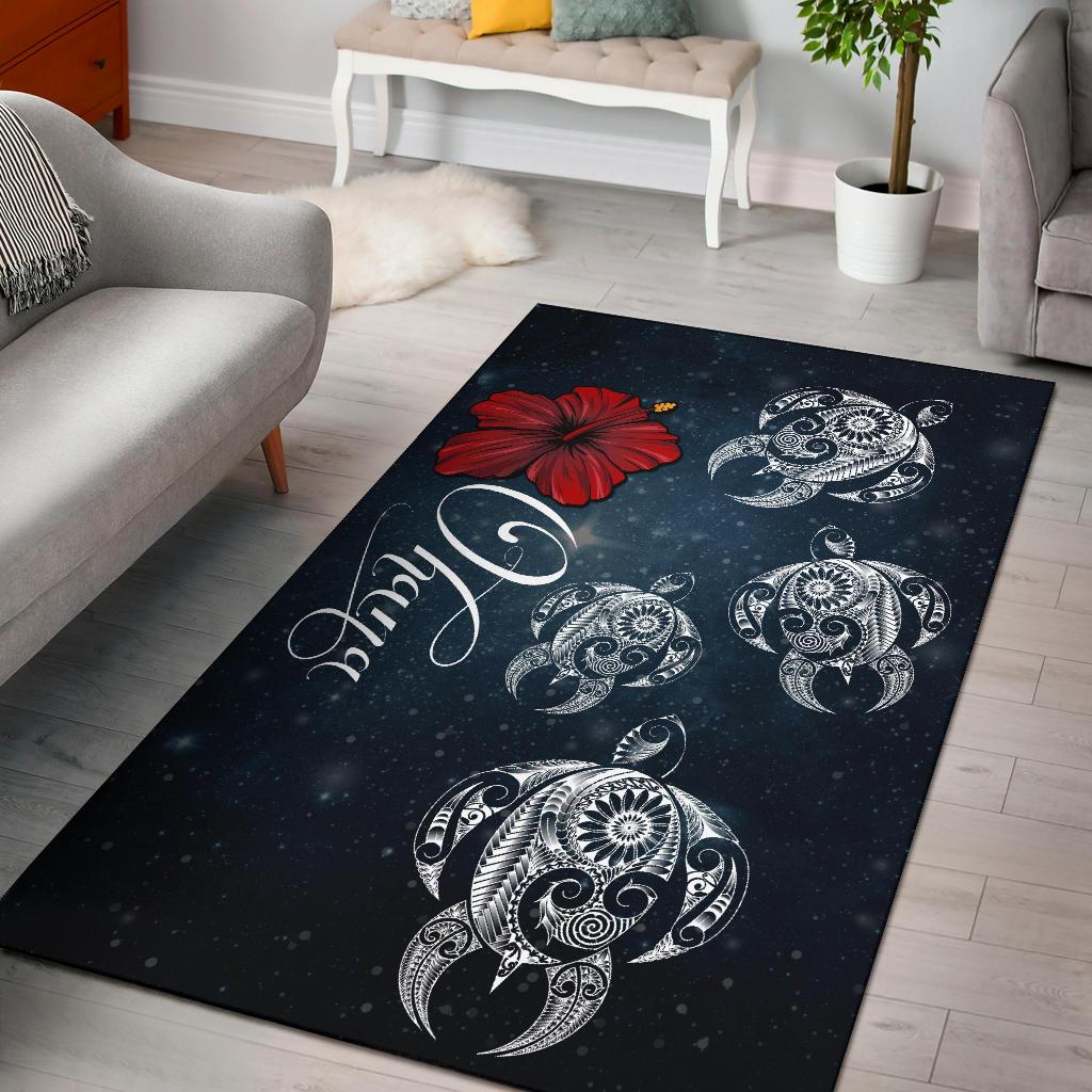 Hawaii Ohana Turtle Hibiscus Galaxy Rug Black - Polynesian Pride