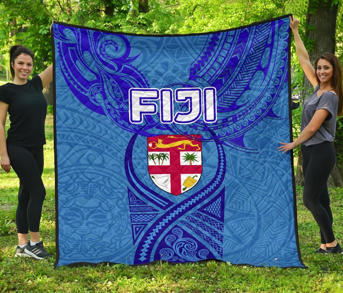 Blue Premium Quilt Fiji Rugby Polynesian Waves Style Blue - Polynesian Pride