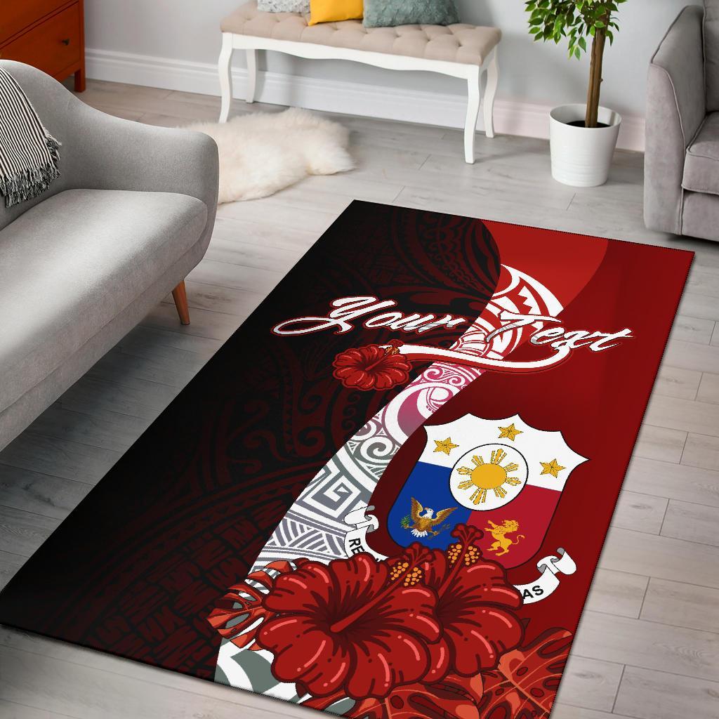 Philippines Polynesian Custom Personalised Area Rug - Coat Of Arm With Hibiscus Red - Polynesian Pride