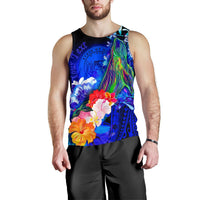 Polynesian Hawaii Custom Personalised Men's Tank Top - Humpback Whale with Tropical Flowers (Blue) - Polynesian Pride