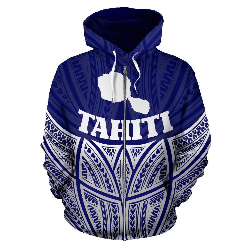 Tahiti Polynesian Zip up Hoodie Blue Pride Map and Seal - Polynesian Pride