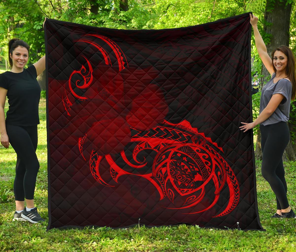 Hawaii Map Turtle Hibiscus Divise Red Polynesian Premium Quilt Red - Polynesian Pride