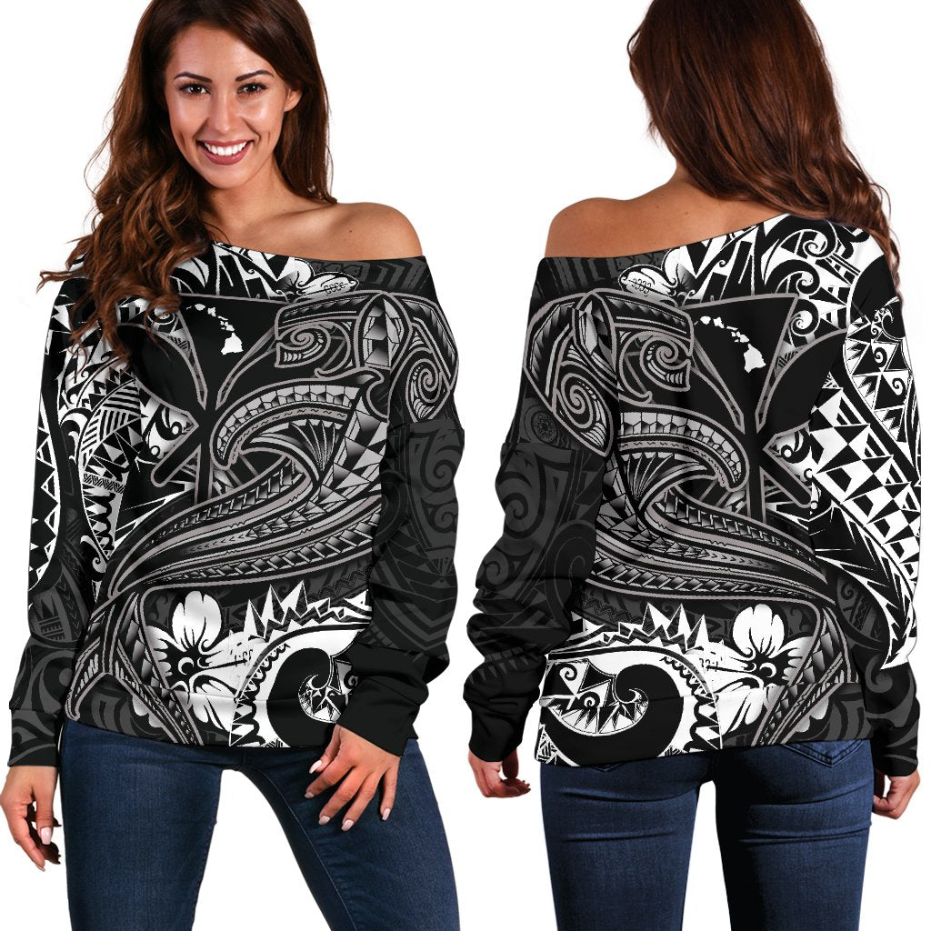 Hawaii Polynesian Women's Off Shoulder Sweater - Kanaka Maoli White Shark Polynesian Tattoo Black - Polynesian Pride