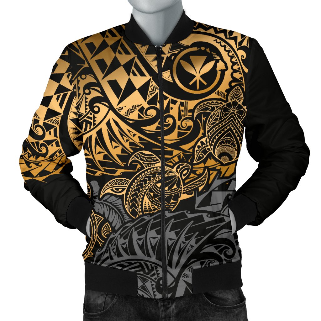 Polynesian Hawaii (Kanaka Maoli) Men Bomber Jacket - Gold Hibiscus Turtle Flowing Gold - Polynesian Pride