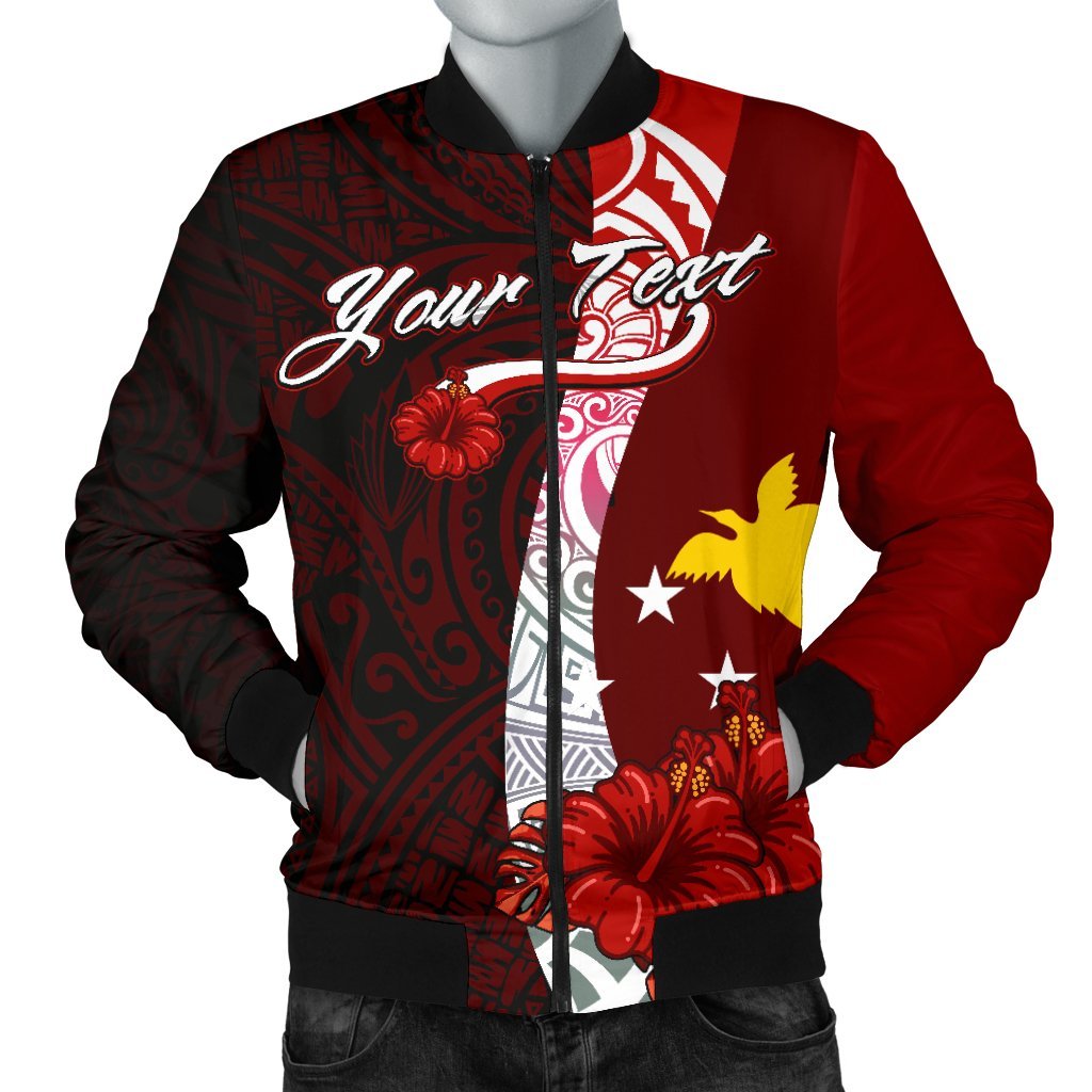 Papua New Guinea Polynesian Custom Personalised Men's Bomber Jacket - Coat Of Arm With Hibiscus Red - Polynesian Pride