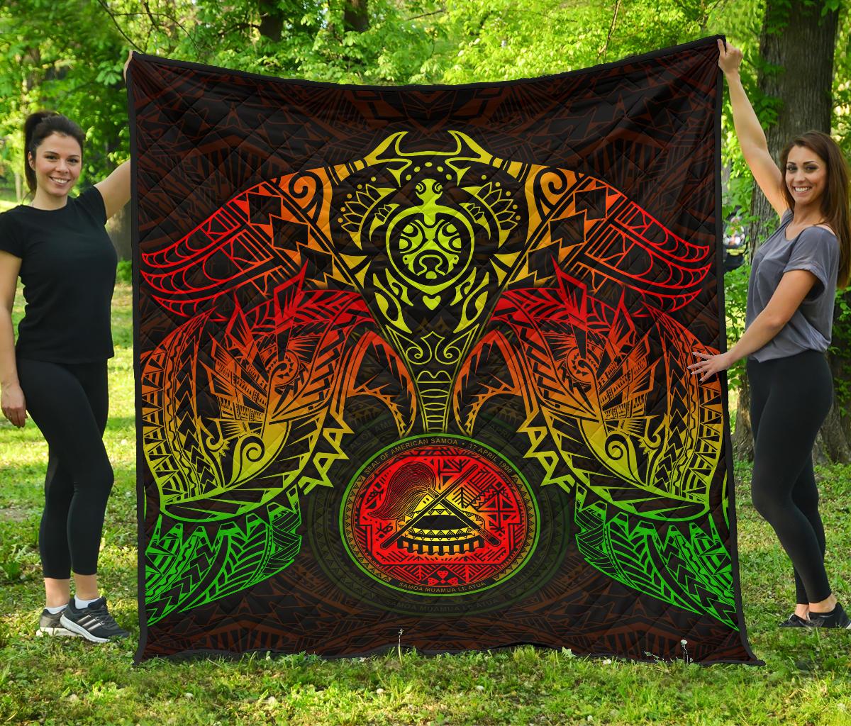 American Samoa Premium Quilt - American Samoa Seal Turtle Manta Ray Reggae Style - Polynesian Pride