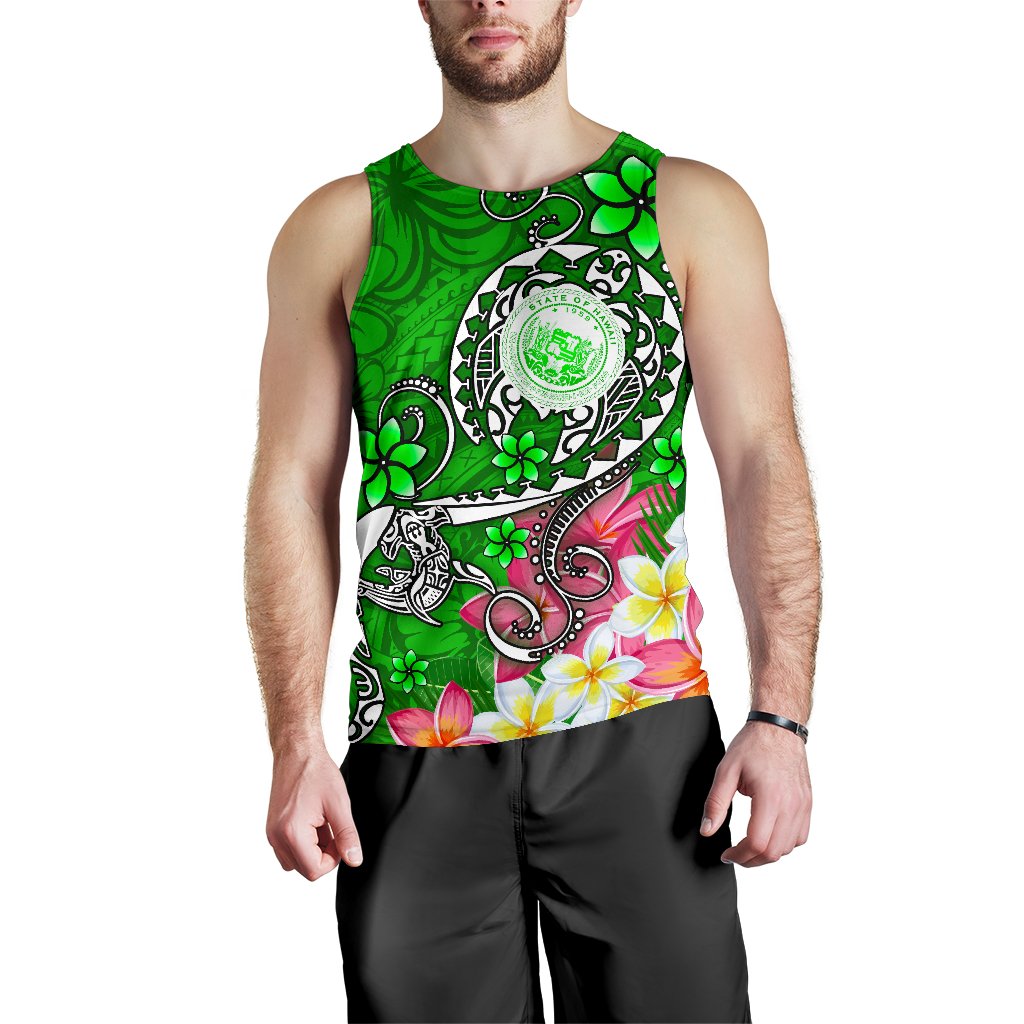 Hawaii Polynesian Men's Tank Top - Hawaii Seal With Turtle Plumeria (Green) - Polynesian Pride