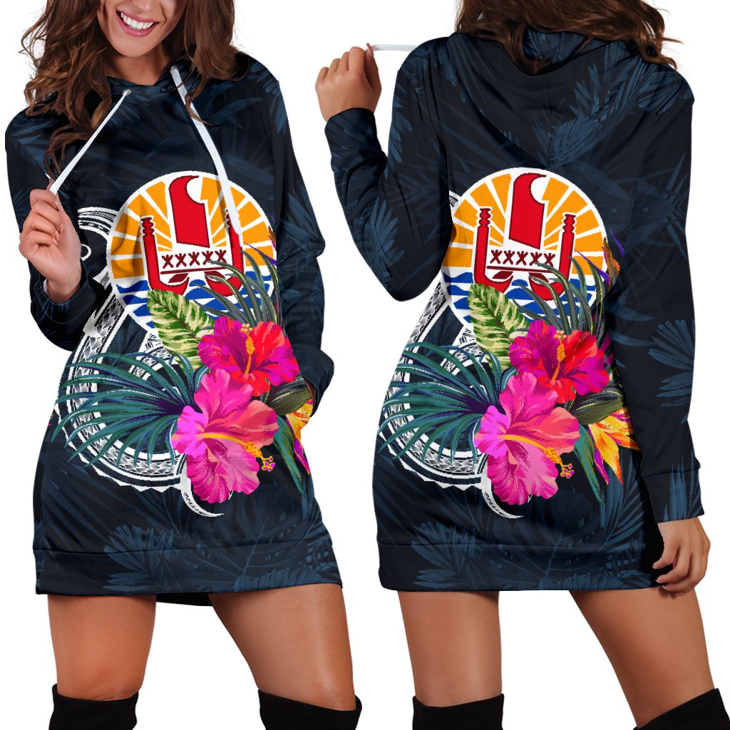 Tahiti Polynesian Women's Hoodie Dress - Tropical Flower Blue - Polynesian Pride