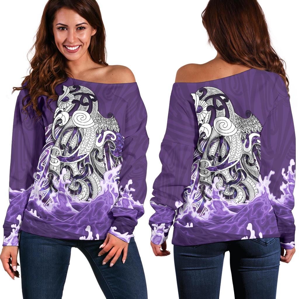 Maori Manaia The Blue Sea Off Shoulder Sweater, Purple Purple - Polynesian Pride